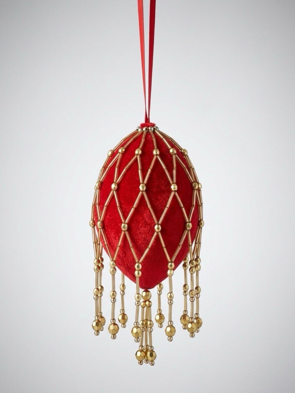 Vintage MCM Red Velvet Gold Tone Beaded Egg Christmas Tree Decor Ornaments